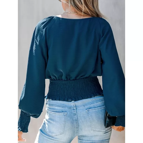 imageCUPSHE Women Cobalt Ruffled Smocked Top Long Bishop Sleeves Shirts Crew Neck BlousesDark Blue