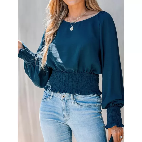 imageCUPSHE Women Cobalt Ruffled Smocked Top Long Bishop Sleeves Shirts Crew Neck BlousesDark Blue