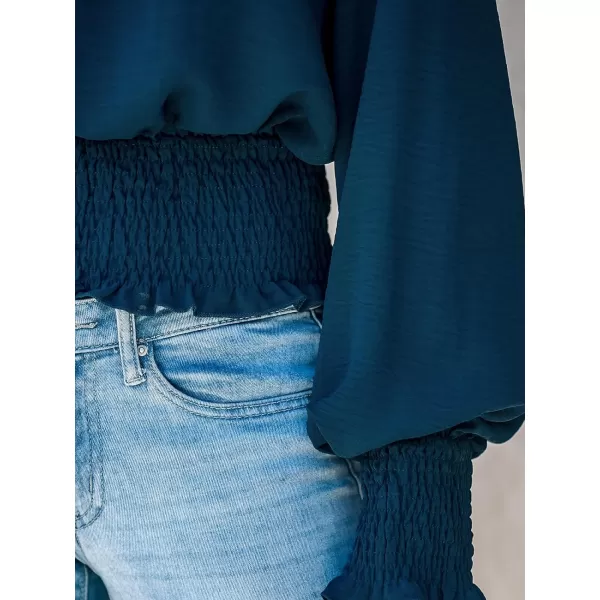imageCUPSHE Women Cobalt Ruffled Smocked Top Long Bishop Sleeves Shirts Crew Neck BlousesDark Blue