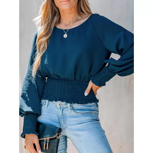 imageCUPSHE Women Cobalt Ruffled Smocked Top Long Bishop Sleeves Shirts Crew Neck BlousesDark Blue