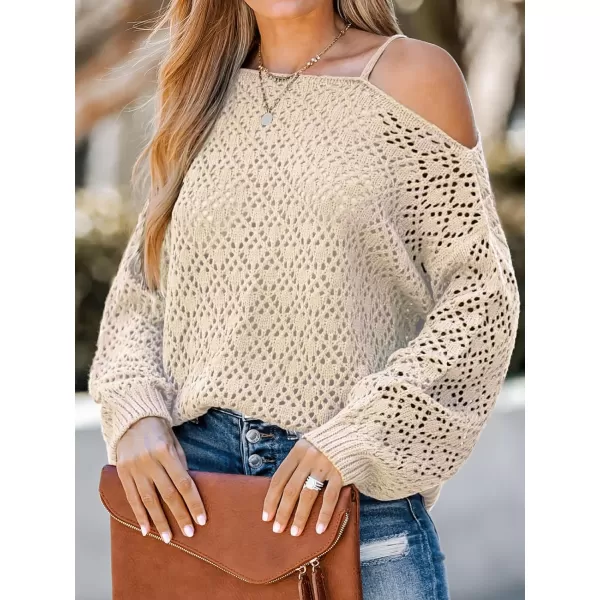 imageCUPSHE Women Coffee Cutout Crochet OneShoulder Sweater Cami Long Sleeves Ribbed TrimBeige
