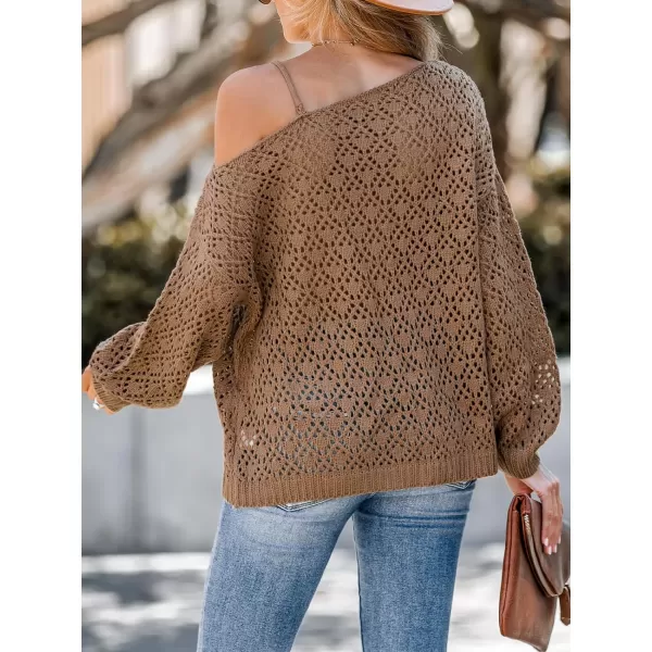 imageCUPSHE Women Coffee Cutout Crochet OneShoulder Sweater Cami Long Sleeves Ribbed TrimCoffee