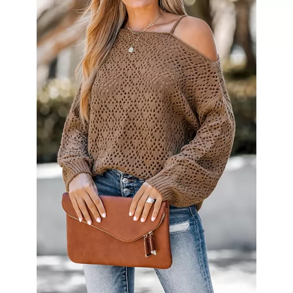 imageCUPSHE Women Coffee Cutout Crochet OneShoulder Sweater Cami Long Sleeves Ribbed TrimCoffee