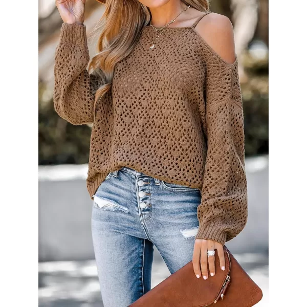 imageCUPSHE Women Coffee Cutout Crochet OneShoulder Sweater Cami Long Sleeves Ribbed TrimCoffee