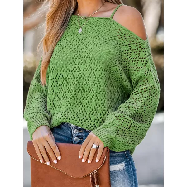 imageCUPSHE Women Coffee Cutout Crochet OneShoulder Sweater Cami Long Sleeves Ribbed TrimGreen