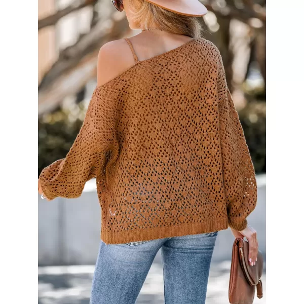 imageCUPSHE Women Coffee Cutout Crochet OneShoulder Sweater Cami Long Sleeves Ribbed TrimOrange