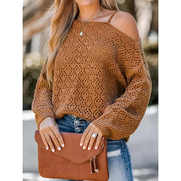 imageCUPSHE Women Coffee Cutout Crochet OneShoulder Sweater Cami Long Sleeves Ribbed TrimOrange