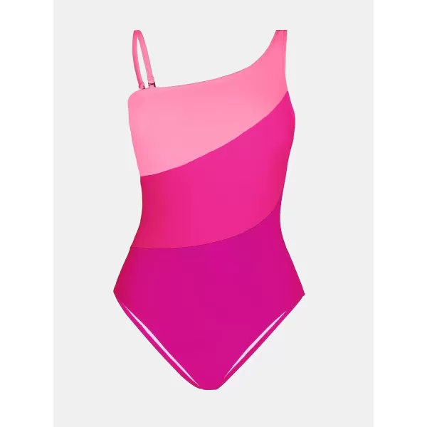 imageCUPSHE Women Color Contrast One Piece Swimsuit One Shoulder Cut Out Back Tummy Control Bathing SuitNeon Pink