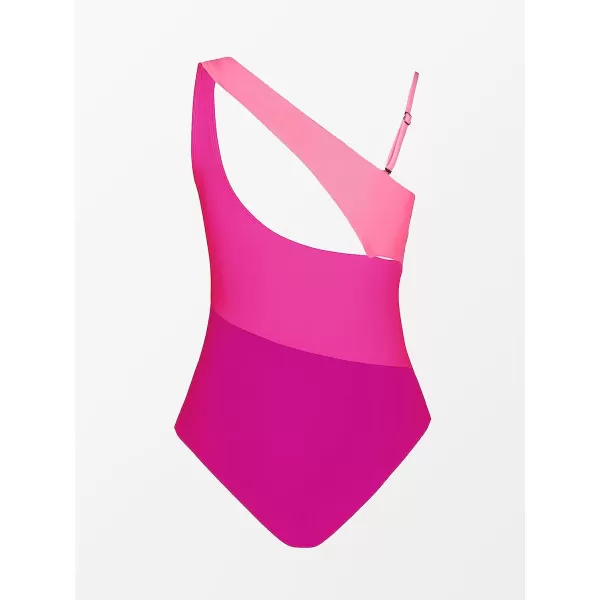 imageCUPSHE Women Color Contrast One Piece Swimsuit One Shoulder Cut Out Back Tummy Control Bathing SuitNeon Pink