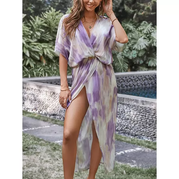 imageCUPSHE Women Cover Up V Neck Elastic Waist Leopard Maxi Pullover with Dolman SleevesPurple