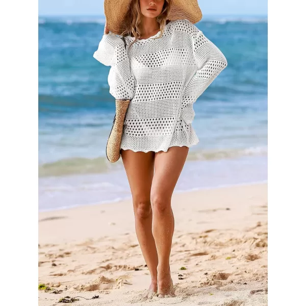 imageCUPSHE Women CoverUp Crocheted Mini CoverUp Dress Long Sleeves Round Neck Cover Ups Beach SummerWhite