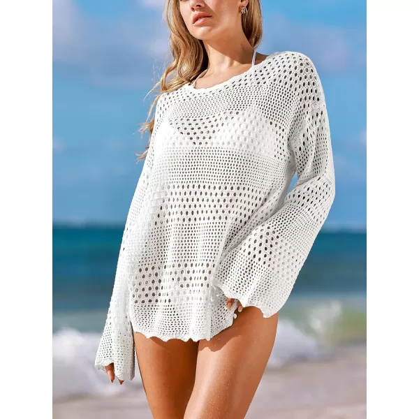 imageCUPSHE Women CoverUp Crocheted Mini CoverUp Dress Long Sleeves Round Neck Cover Ups Beach SummerWhite