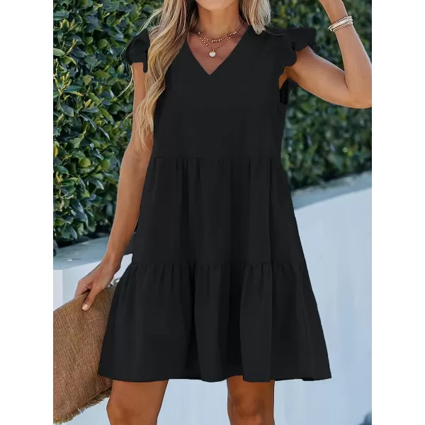 imageCUPSHE Women Crew Neck Cap Sleeve Ruffle Mini Babydoll Dress Back to School Cute DressesBlack