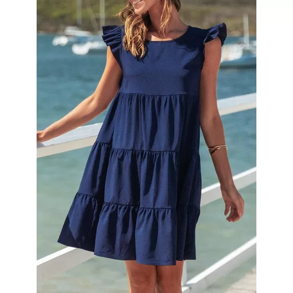 imageCUPSHE Women Crew Neck Cap Sleeve Ruffle Mini Babydoll Dress Back to School Cute DressesNavy