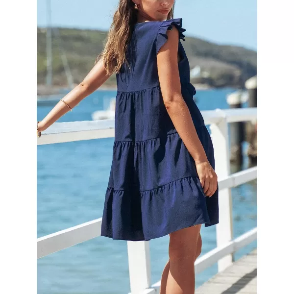 imageCUPSHE Women Crew Neck Cap Sleeve Ruffle Mini Babydoll Dress Back to School Cute DressesNavy