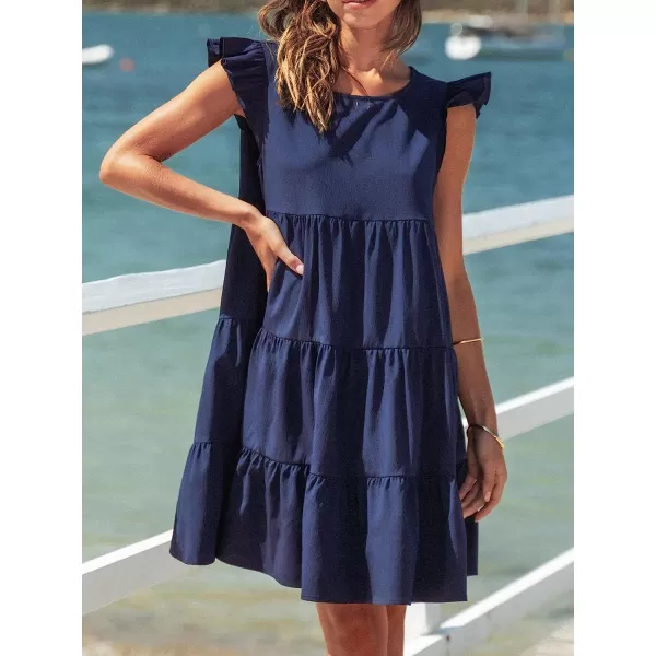 imageCUPSHE Women Crew Neck Cap Sleeve Ruffle Mini Babydoll Dress Back to School Cute DressesNavy
