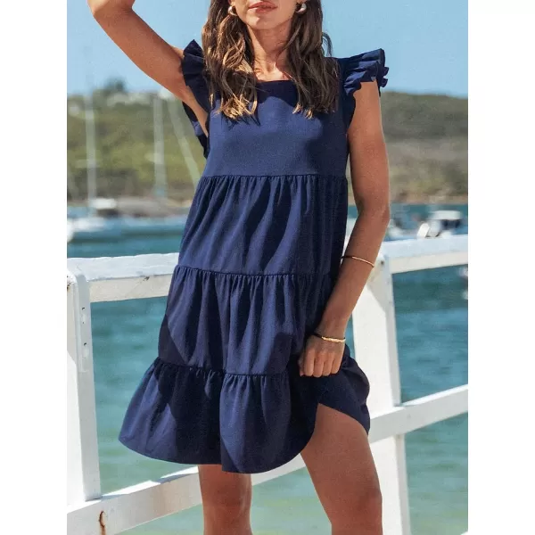 imageCUPSHE Women Crew Neck Cap Sleeve Ruffle Mini Babydoll Dress Back to School Cute DressesNavy