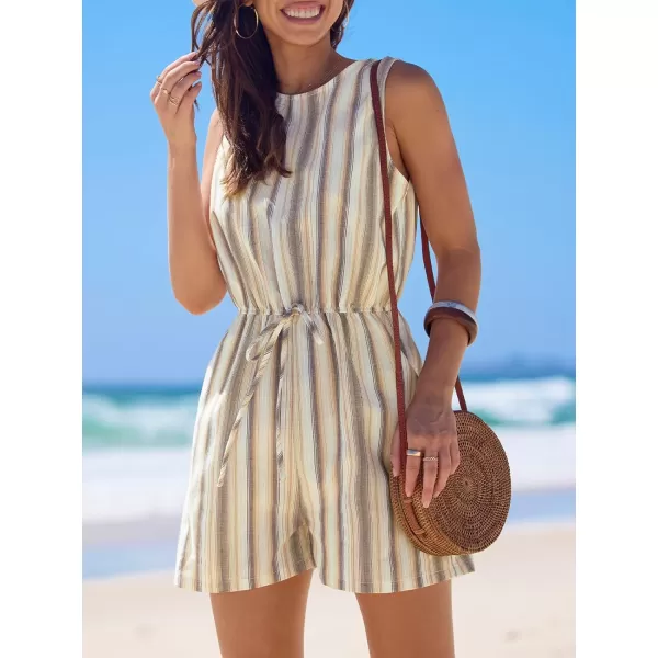 imageCUPSHE Women Crew Neck Casual Jumpsuit Cotton Elastic Waist Tie Sleeveless Short Loose Fit RomperBeige Stripe