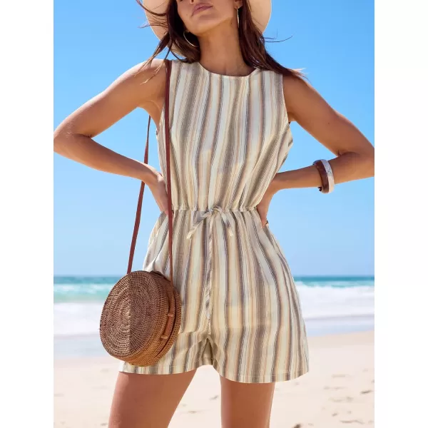 imageCUPSHE Women Crew Neck Casual Jumpsuit Cotton Elastic Waist Tie Sleeveless Short Loose Fit RomperBeige Stripe