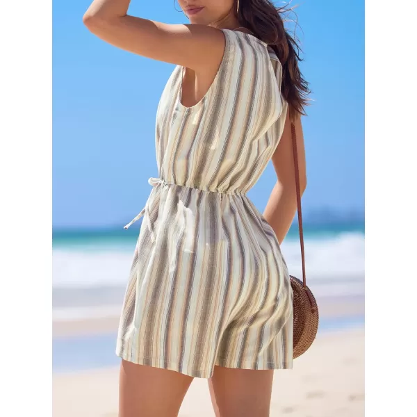 imageCUPSHE Women Crew Neck Casual Jumpsuit Cotton Elastic Waist Tie Sleeveless Short Loose Fit RomperBeige Stripe
