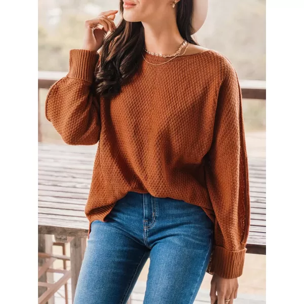 imageCUPSHE Women Crew Neck Sweater Tops Long Sleeves Pullover Loose Sweaters Neutral Split Hem Casual BrownBrown
