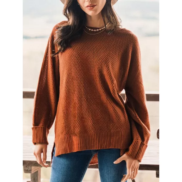 imageCUPSHE Women Crew Neck Sweater Tops Long Sleeves Pullover Loose Sweaters Neutral Split Hem Casual BrownBrown
