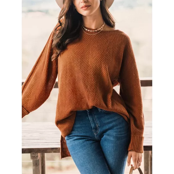imageCUPSHE Women Crew Neck Sweater Tops Long Sleeves Pullover Loose Sweaters Neutral Split Hem Casual BrownBrown