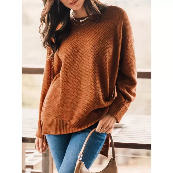 imageCUPSHE Women Crew Neck Sweater Tops Long Sleeves Pullover Loose Sweaters Neutral Split Hem Casual BrownBrown
