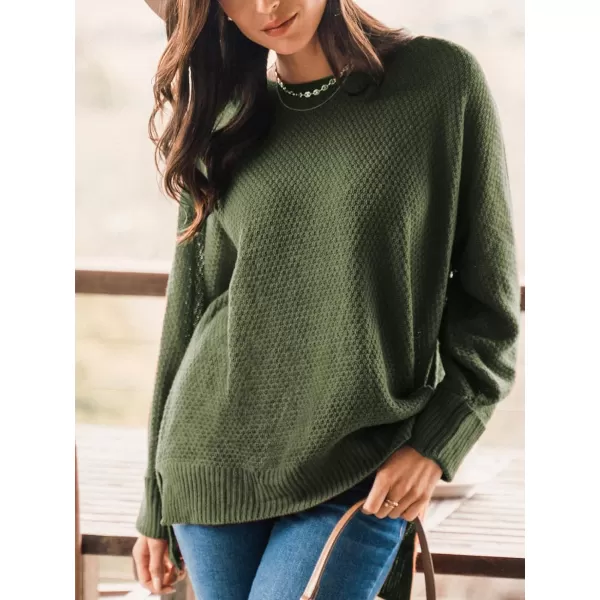 imageCUPSHE Women Crew Neck Sweater Tops Long Sleeves Pullover Loose Sweaters Neutral Split Hem Casual BrownGreen