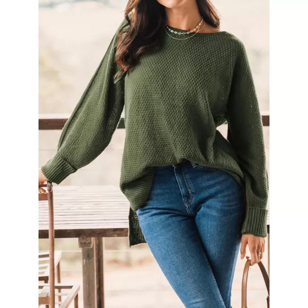imageCUPSHE Women Crew Neck Sweater Tops Long Sleeves Pullover Loose Sweaters Neutral Split Hem Casual BrownGreen