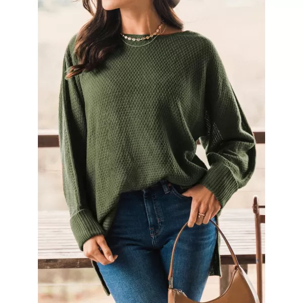 imageCUPSHE Women Crew Neck Sweater Tops Long Sleeves Pullover Loose Sweaters Neutral Split Hem Casual BrownGreen