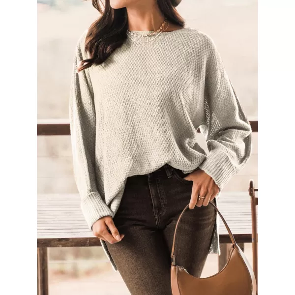 imageCUPSHE Women Crew Neck Sweater Tops Long Sleeves Pullover Loose Sweaters Neutral Split Hem Casual BrownWhite
