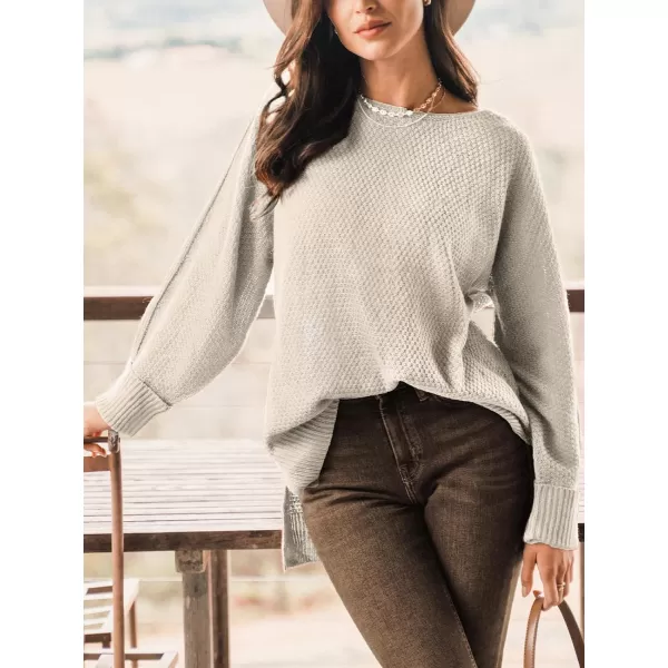 imageCUPSHE Women Crew Neck Sweater Tops Long Sleeves Pullover Loose Sweaters Neutral Split Hem Casual BrownWhite
