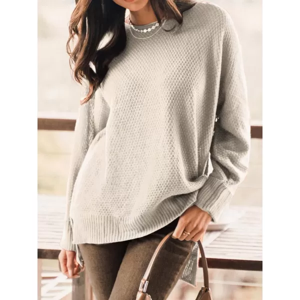imageCUPSHE Women Crew Neck Sweater Tops Long Sleeves Pullover Loose Sweaters Neutral Split Hem Casual BrownWhite