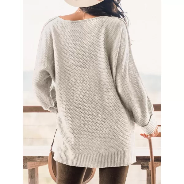 imageCUPSHE Women Crew Neck Sweater Tops Long Sleeves Pullover Loose Sweaters Neutral Split Hem Casual BrownWhite