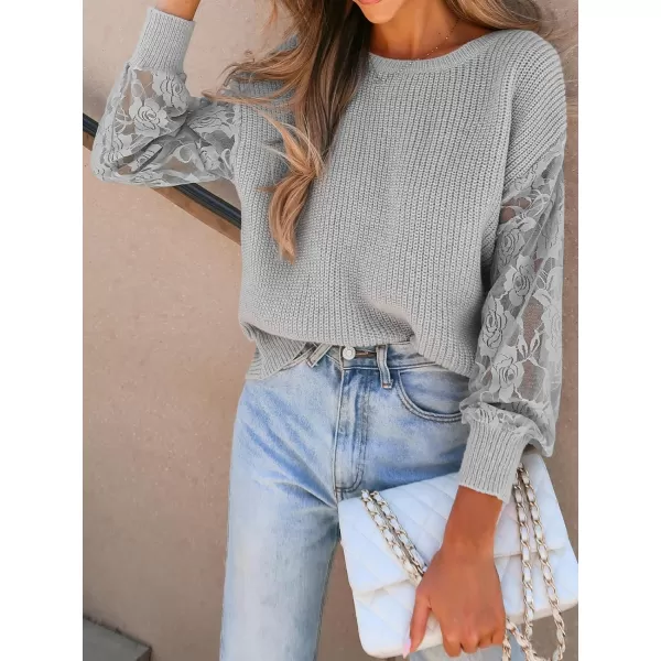 imageCUPSHE Women Crewneck Sweater Tops Long Lace Sleeves Top Knit Pullover Sweater CasualGrey