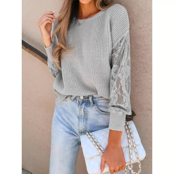 imageCUPSHE Women Crewneck Sweater Tops Long Lace Sleeves Top Knit Pullover Sweater CasualGrey