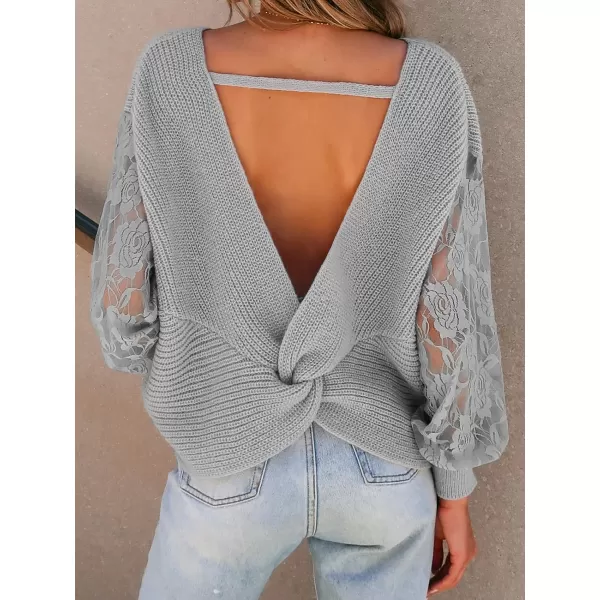 imageCUPSHE Women Crewneck Sweater Tops Long Lace Sleeves Top Knit Pullover Sweater CasualGrey