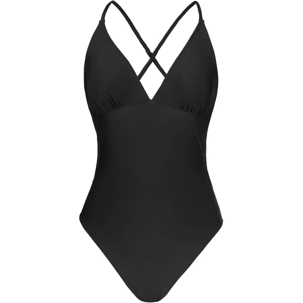 imageCUPSHE Women Crisscross Back Ruched One Piece Swimsuit Cut Out V Neck High Cut Thin Straps Bathing SuitBlack