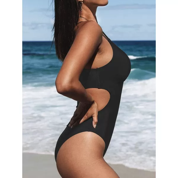 imageCUPSHE Women Crisscross Back Ruched One Piece Swimsuit Cut Out V Neck High Cut Thin Straps Bathing SuitBlack