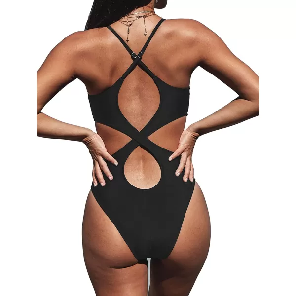 imageCUPSHE Women Crisscross Back Ruched One Piece Swimsuit Cut Out V Neck High Cut Thin Straps Bathing SuitBlack