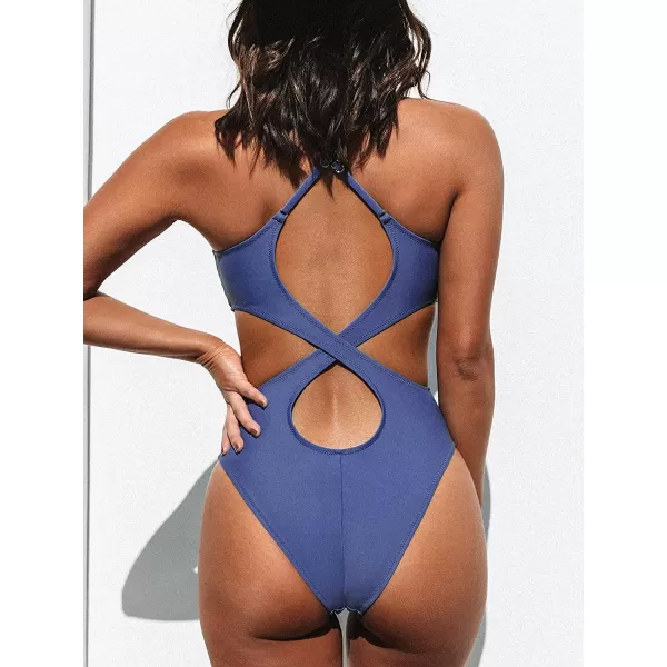 imageCUPSHE Women Crisscross Back Ruched One Piece Swimsuit Cut Out V Neck High Cut Thin Straps Bathing SuitBlue