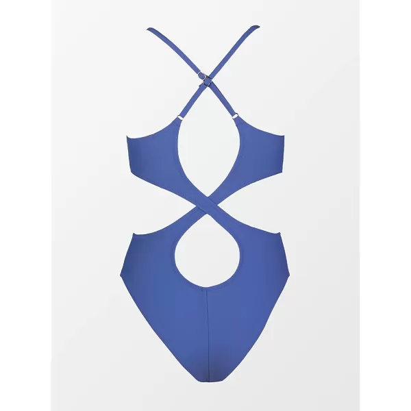 imageCUPSHE Women Crisscross Back Ruched One Piece Swimsuit Cut Out V Neck High Cut Thin Straps Bathing SuitBlue