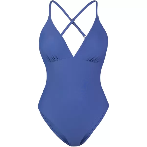 imageCUPSHE Women Crisscross Back Ruched One Piece Swimsuit Cut Out V Neck High Cut Thin Straps Bathing SuitBlue