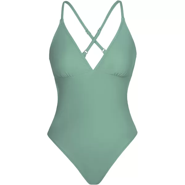 imageCUPSHE Women Crisscross Back Ruched One Piece Swimsuit Cut Out V Neck High Cut Thin Straps Bathing SuitGreen