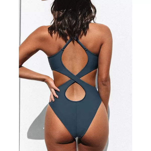 imageCUPSHE Women Crisscross Back Ruched One Piece Swimsuit Cut Out V Neck High Cut Thin Straps Bathing SuitNavy