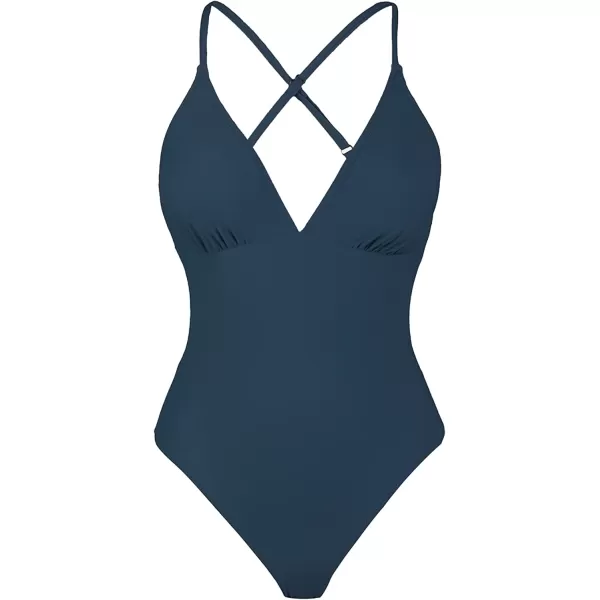 imageCUPSHE Women Crisscross Back Ruched One Piece Swimsuit Cut Out V Neck High Cut Thin Straps Bathing SuitNavy