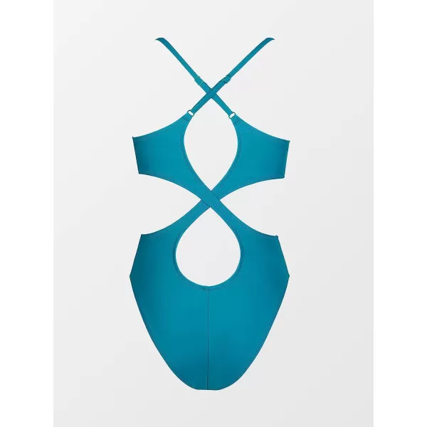 imageCUPSHE Women Crisscross Back Ruched One Piece Swimsuit Cut Out V Neck High Cut Thin Straps Bathing SuitTeal