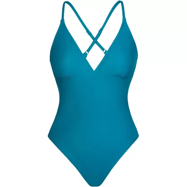 imageCUPSHE Women Crisscross Back Ruched One Piece Swimsuit Cut Out V Neck High Cut Thin Straps Bathing SuitTeal