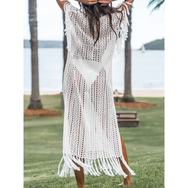 imageCUPSHE Women Crochet Fringe Maxi CoverUp Dress Casual Summer Short Sleeves Cover UpWhite